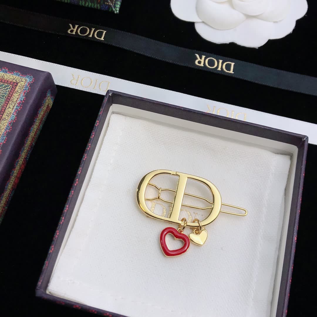 Dior Gold Tone Hair Clip with Red Heart Charm